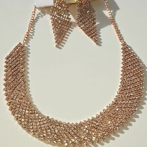 Rose Gold Crystal Mesh Necklace and Earrings Set